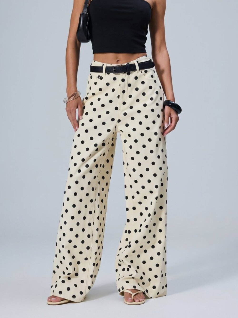 Women Off White Polka Dot Wide Leg Jeans Cotton High Waist Casual Pants